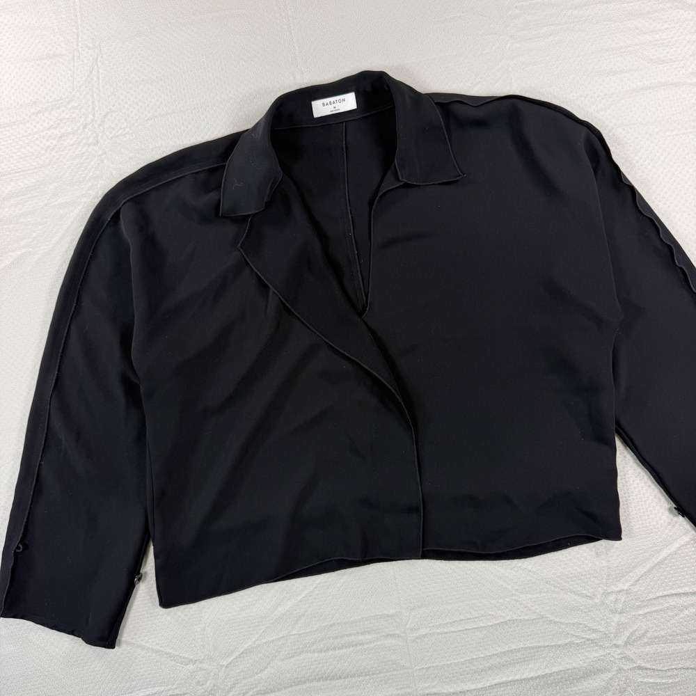 Babaton Aritzia Black Long Sleeve Lapel V-Neck Cropped Blouse Top Medium
